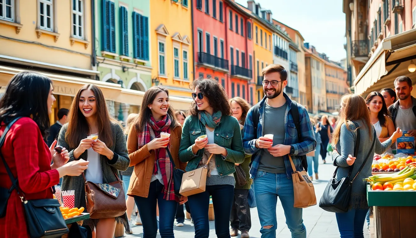 diverse travelers enjoying local street food in a vibrant European market.