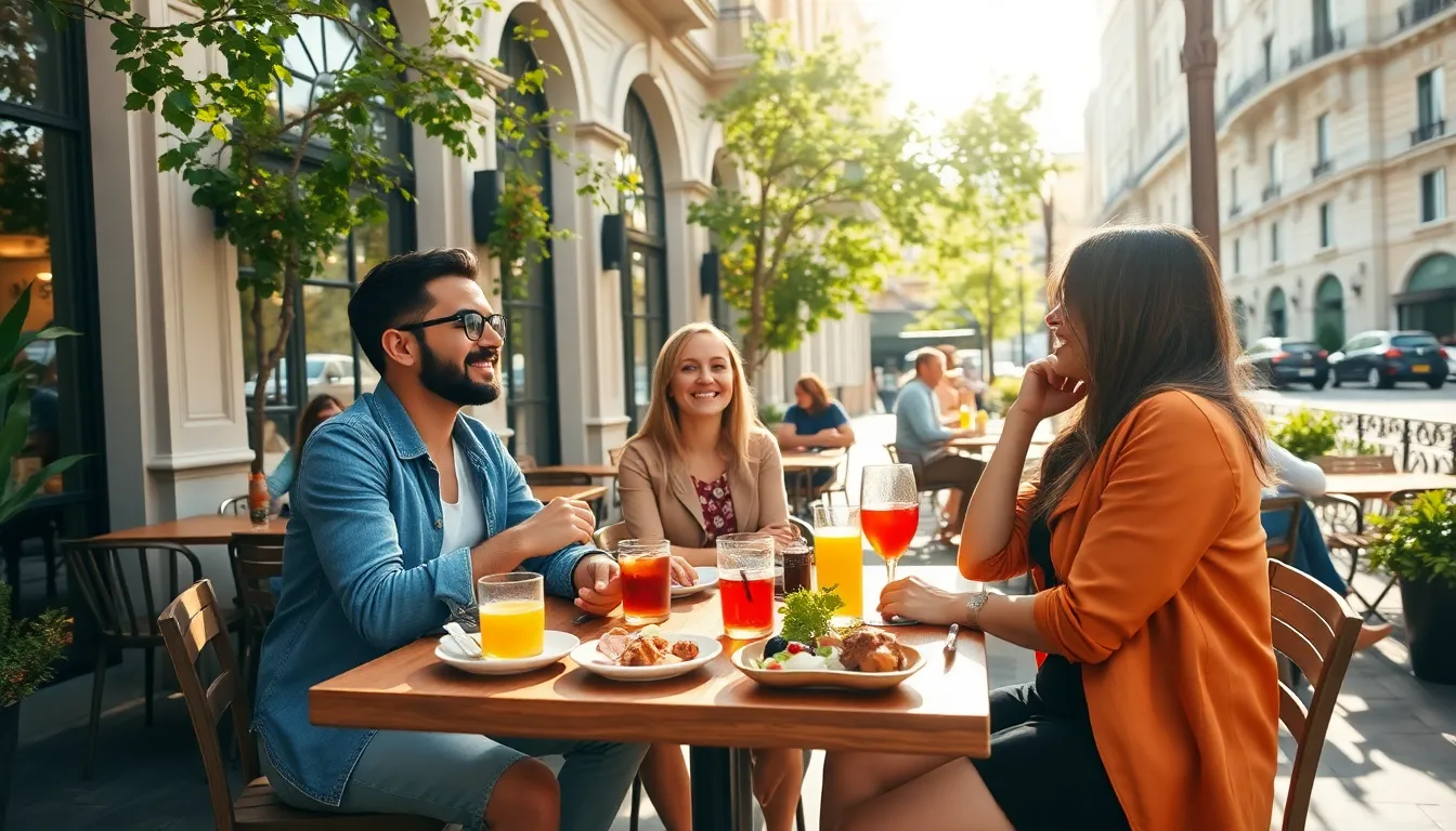 diverse travelers enjoying brunch at a stylish outdoor café.